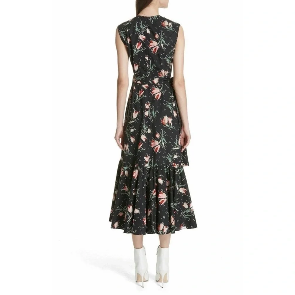 Rebecca Taylor Ikat Tulip Wrap Dress Tie Waist Black Floral Poplin Ruffles Sz 12